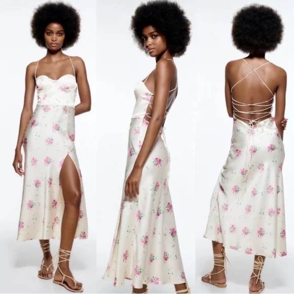 Zara satin midi dress white with pink florals size M 7596/479 - Picture 8 of 8